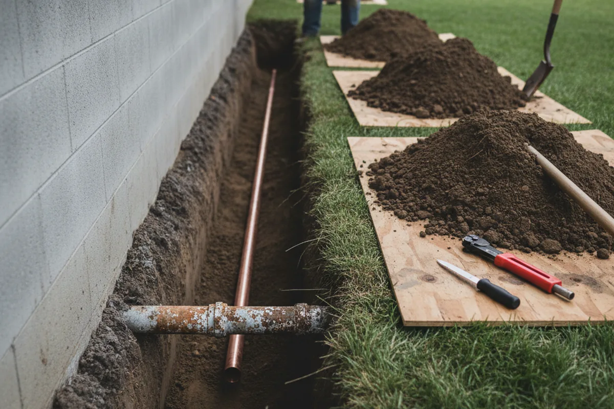 Excavated water line trench during Water Heater Repair in Brandon